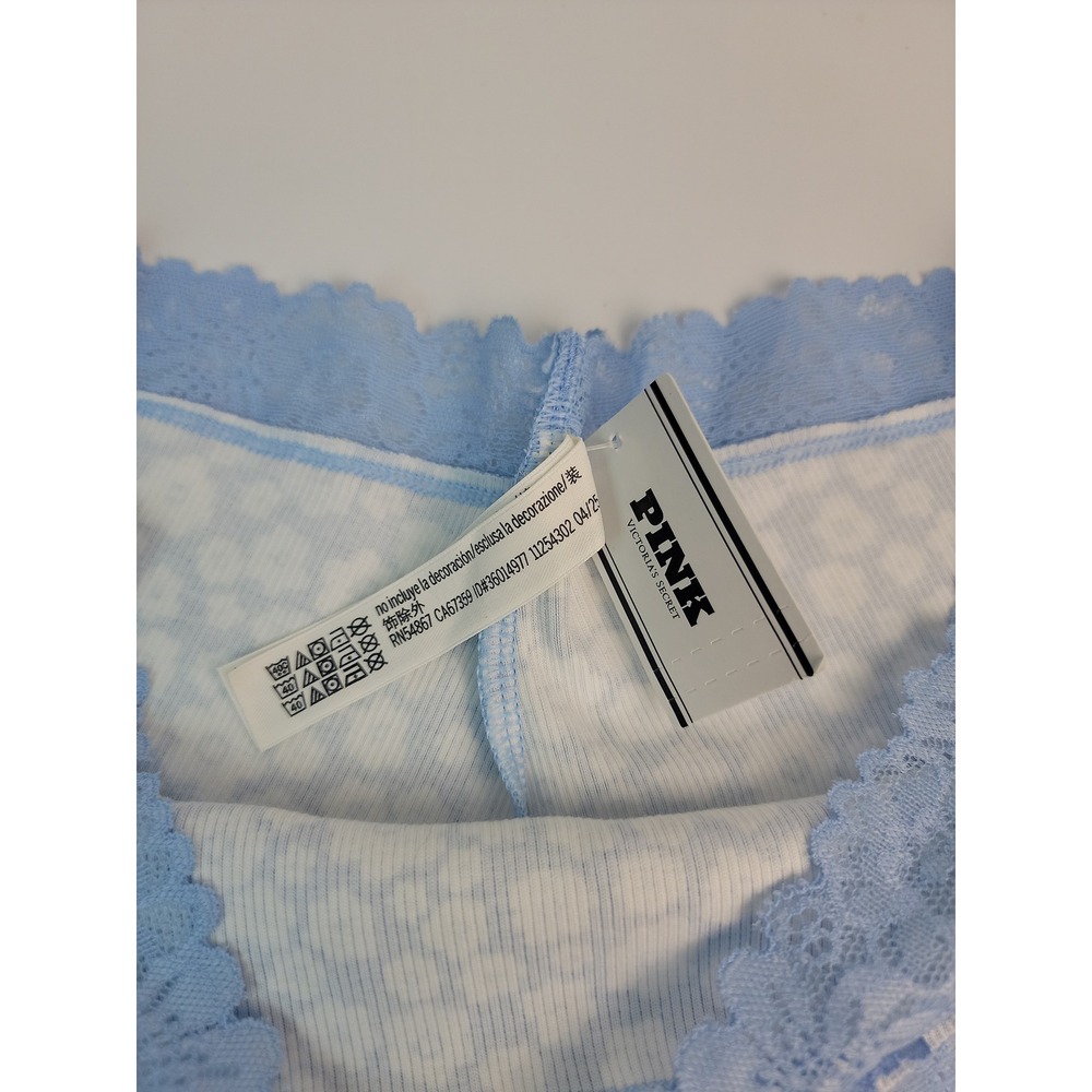 PINK Victorias Secret Blue Floral Ribbed Lace Trim Cheeky Panty Small NEW - Picture 4 of 7